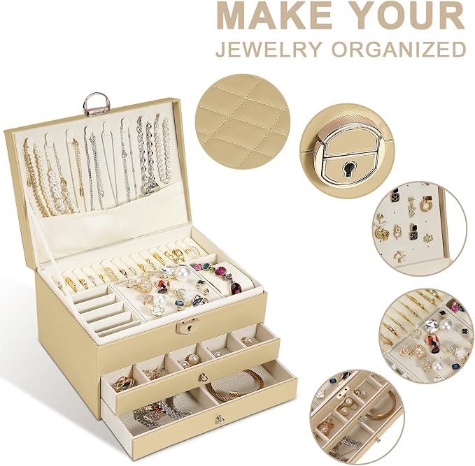 GUOER Jewelry Box for Women Girls, 3 Layers Large Jewelry Organizer(Champagne)