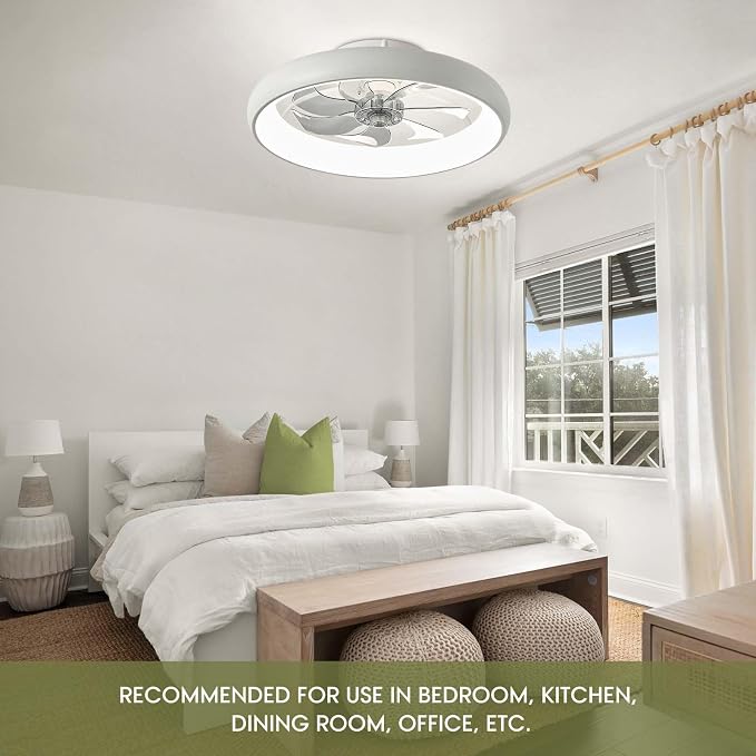 LUDOMIDE 20" Modern White Flush Mount Ceiling Fan with Lights, 6 Wind Speeds, LED, Voice Control, Bedroom, Living Room, Kitchen