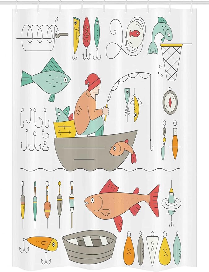 Ambesonne Nautical Stall Shower Curtain, Fishing Gear Fisherman in The Boat Catching Fish Rod Bobber Tackle, Fabric Bathroom Decor Set with Hooks, 54" W x 78" L, Green Mustard