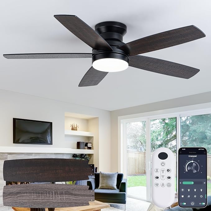 Coolwind 48in Flush Mount Ceiling Fan with Light, Display Remote/APP Control, Black Modern Silent Low Profile Ceiling Fan, 8 Speeds, Dimmable, 3CCT, DC Reversible Motor for Bedroom, Living Room