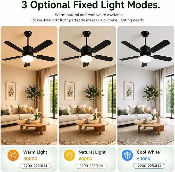 Ceiling Fans with Lights, 42 Inch Low Profile Ceiling Fan and Remote Control, Dual-Sided Blades, 6 Speed Fan, Dimmable Light Flush Mount Ceiling Fan for Bedroom Living Room, Black