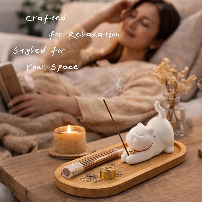 Cute Ceramic Cat Incense Holder Set with Bamboo Ash Tray and Sticks, Handmade Cat Incense Burner Incense Holder for Sticks for Yoga Spa Meditation Massage Home Office Desk Decor Zen Space Gifts