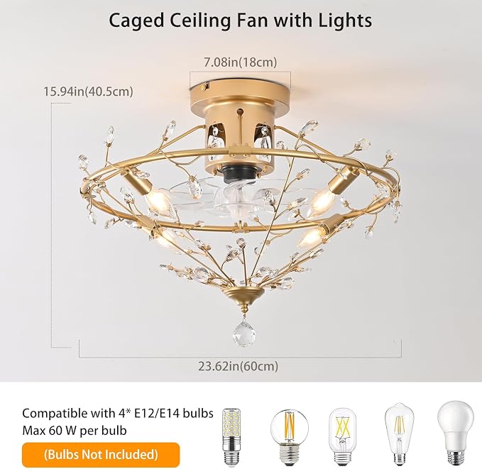 Ganeed 23.6 Inch Gold Crystal Fandelier Ceiling Fan with Light, Chandelier Ceiling Fan with Lights Remote Control, Modern Crystal Fandelier 6 Speeds for Girl's Bedroom Nursery Living Room Kitchen