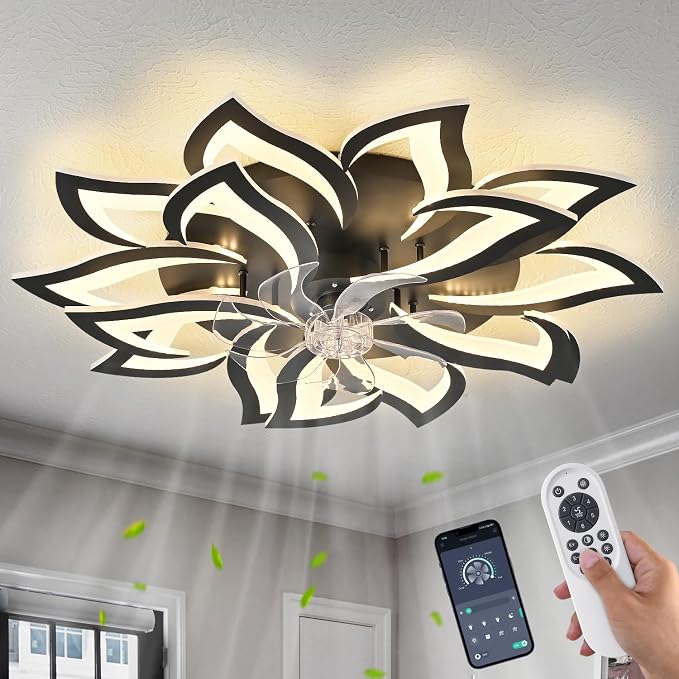 Dalouguan 35" Black Modern Ceiling Fan with Lights Remote Control, 6 Speeds 3 Light Color Low Profile Flush Mount Ceiling Fan for Kitchen Bedroom Living Room