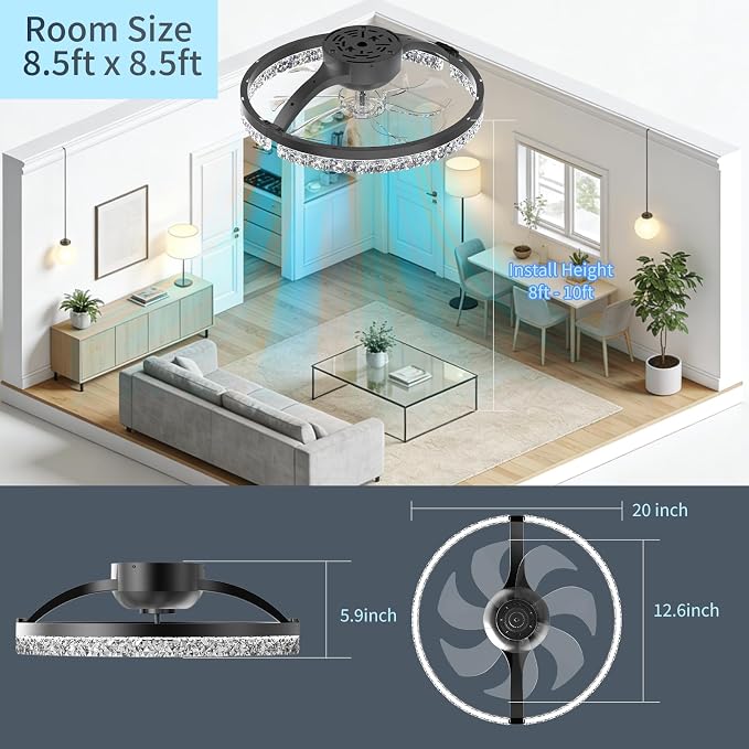 Ceiling Fans with Lights and Remote, 20" Low Profile Flush Mount Ceiling Fan, 3000-6500K Dimmable LED Fandelier, 6 Quiet Speeds for Bedroom