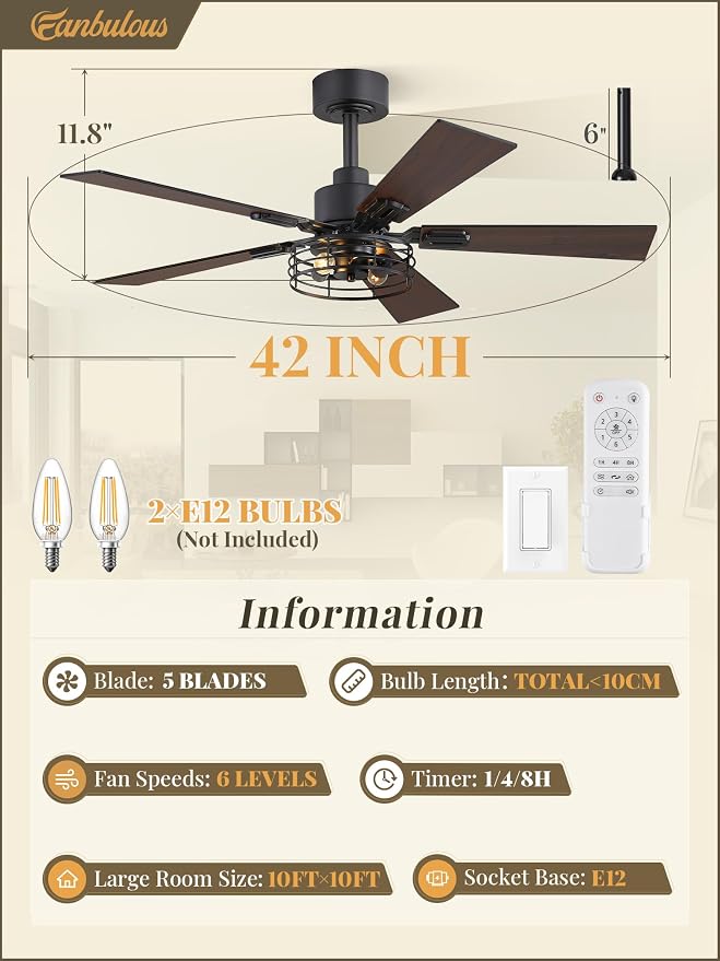 Fanbulous 2 Pack Farmhouse 42 Inch Ceiling Fans with Lights, Black Industrial Caged Ceiling Fans for Bedroom Living Room, Double-Sided 5 Blades Rustic Ceiling Fan