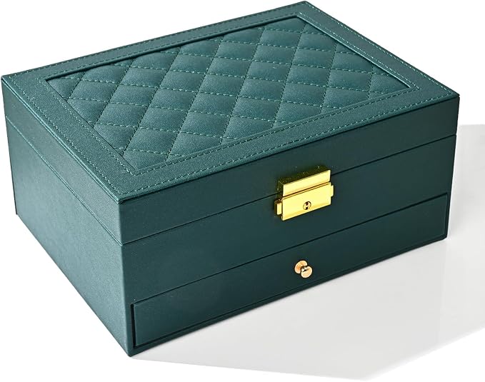 GUOER Jewelry Box for Women Girl Wife - Large PU Leather Jewelry Organizer Storage Case with Two Layers Display for Earrings Bracelets Rings Watches (Green) | Vintage Quilting Stitching PU Leather, Earrings Bracelets Rings Necklace Watches Storage Larg...