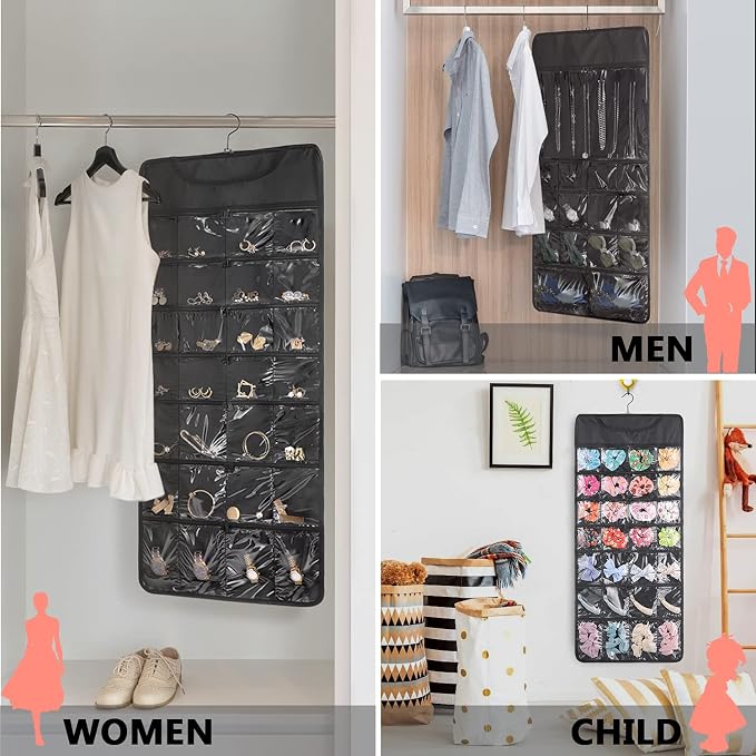 FOREGOER Hanging Jewelry Organizer 43 Large Zipper Pockets Necklace Holder | Double Sided, Large Capacity, Foldable for Travel, Jewelry Holder Roll for Earrings, Necklaces, Rings on Closet, Wall, Door