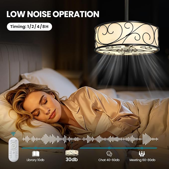 Farmhouse Caged Ceiling Fan Light: 18.9" Semi Flush Mount Ceiling Fan Lights Bladeless Fandelier with Remote/Timer/Reversible 6 Speeds/DC Motor Small Ventilador de Techo for Bedroom Living Room