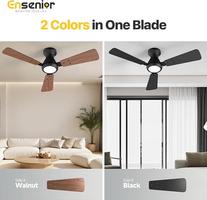 Ensenior 42 Inch Flush Mount Ceiling Fan with Light and Remote, Low Profile Ceiling Fans with Lights, 3 Blades (Black/Wood), Quiet DC Motor, 6 Speeds, 3 Color, Memory Function, Fan for Bedroom, Black