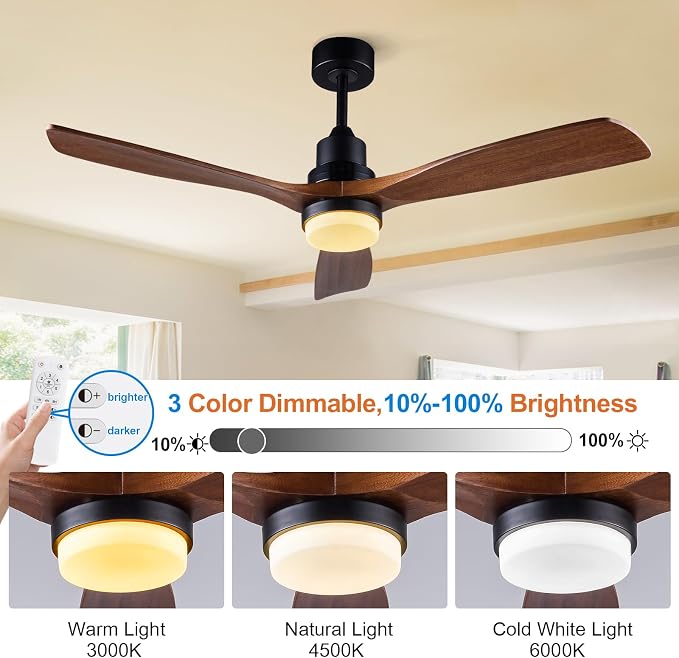 52 Inch Ceiling Fans with Lights and Remote Control, Outdoor Ceiling Fans for Patios; Black Ceiling Fan with Light for Bedroom Living Room, Solid Wood, 3CCT Dimmable, Memory Function