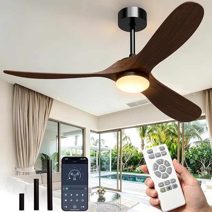 Ceiling Fans with Lights, 60 Inch Wooden Ceiling Fans with App Voice Remote Control, 6 Speed Quiet Fan, Dimmable Light Flush Mount Ceiling Fan for Bedroom Living Room, Walnut Wood
