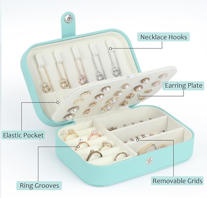 Hatori Travel Jewelry Box, PU Leather Small Jewelry Organizer for Women Girls, Double Layer Portable Mini Travel Case Display Storage Holder Boxes for Stud Earrings, Rings (Turquoise)