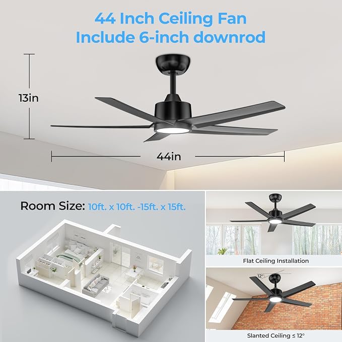ocioc 44" Ceiling Fans with Lights, Black Ceiling Fan with LED Light and Remote, Reversible Airflow, 6 Speeds, Timer, Dimmable, Modern Ceiling Fan for Bedroom, Living Room
