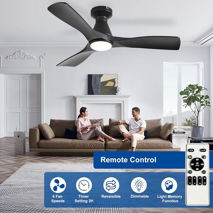 Depuley 42-Inch Ceiling Fans with Lights: Black 3 Blade Flush Mount Low Profile Ceiling Fan for Bedroom - Dimmable Indoor Outdoor Fan with Remote Control Ultra Quiet DC Motor Timer