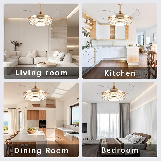 42" Retractable Ceiling Fans with Lights, Crystal Chandelier Ceiling Fan with Remote & APP Control, Modern Dimmable LED Fandelier for Living Room, Dinning Room, Bedroom (Gold)