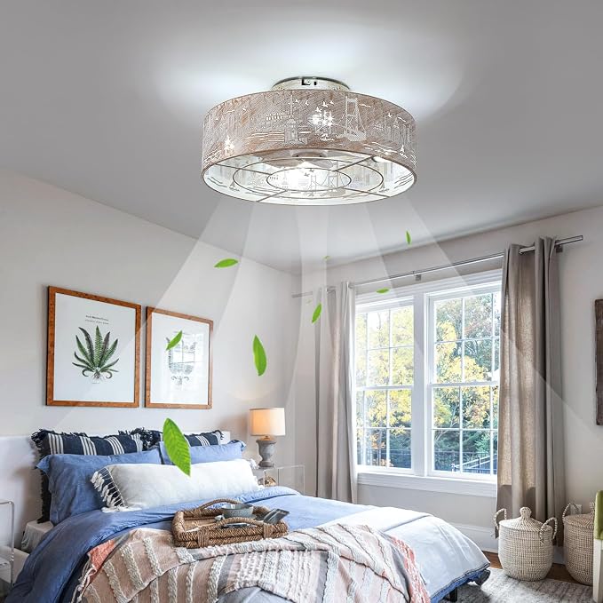 Caged Ceiling Fans with Lights Flush Mount,Low Profile Ceiling Fan with Remote,20 Inch Caged White Fan for Bedroom,6 Speeds Reversible Enclosed Fandalier Ceiling Fan with Bulb