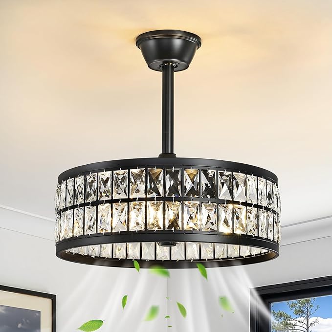 Crystal Caged Ceiling Fan Light: 18.9" Semi Flush Mount Fandelier Ceiling Fan Lights with Remote/Reversible 6 Speeds/Timer/DC Motor Low Profile Chandelier Ventilador de Techo for Bedroom Living Room