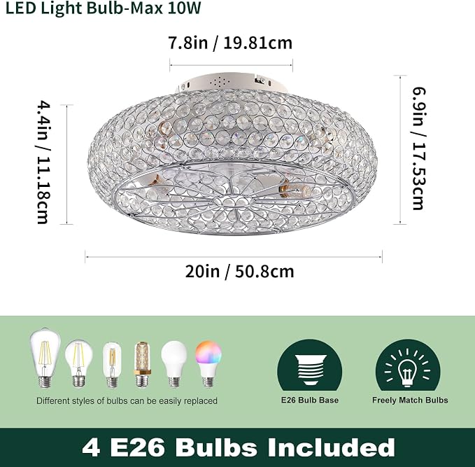 Caged Crystal Ceiling Fans with Lights and Remote,20" Flush Mount Low Profile Ceiling Fan with Light,6 Speed Enclosed Ceiling Fan with Reversible Motor for Bedroom Living Room|(4 E26 Bulbs Included)