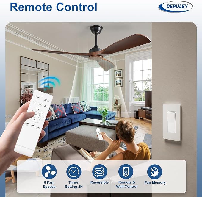 Depuley Ceiling Fan Without Light: 52 Inch 3 Blade Outdoor Fans for Patios - Walnut Ceiling Fan No Light Indoor Remote Control Ultra Quiet DC Motor Reversible 6 Speed Timer