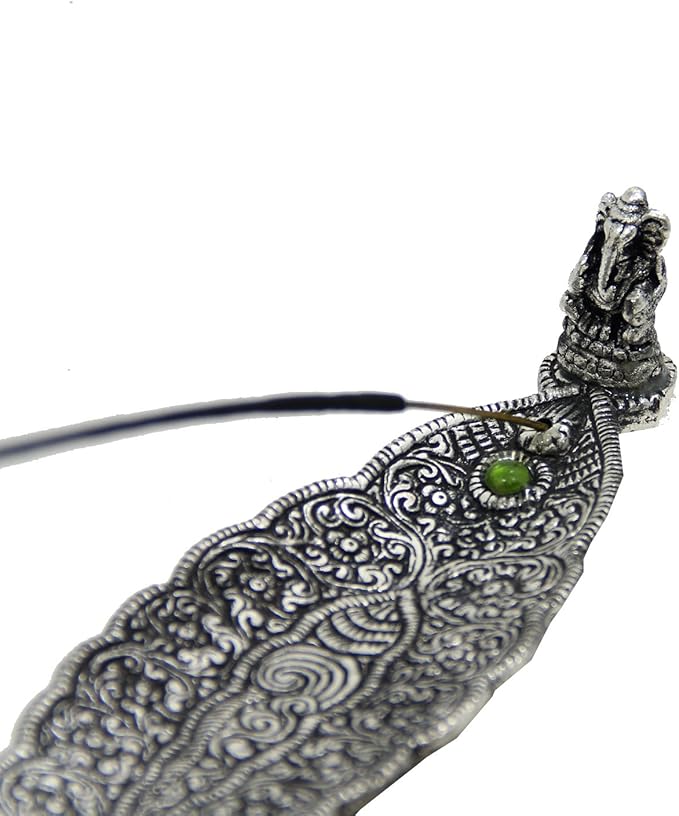 Leaf Shaped Incense Stick Holder Handcrafted in Aluminum with Miniature Figures (Ganesha)