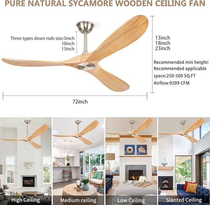 72” Ceiling Fans Without Lights, Wood Ceiling Fan with Remote Control No Light, Modern Propeller Ceiling Fan with 3 Blades,Brushed Nickel Outdoor Ceiling Fans for Patios (Nature Wood)
