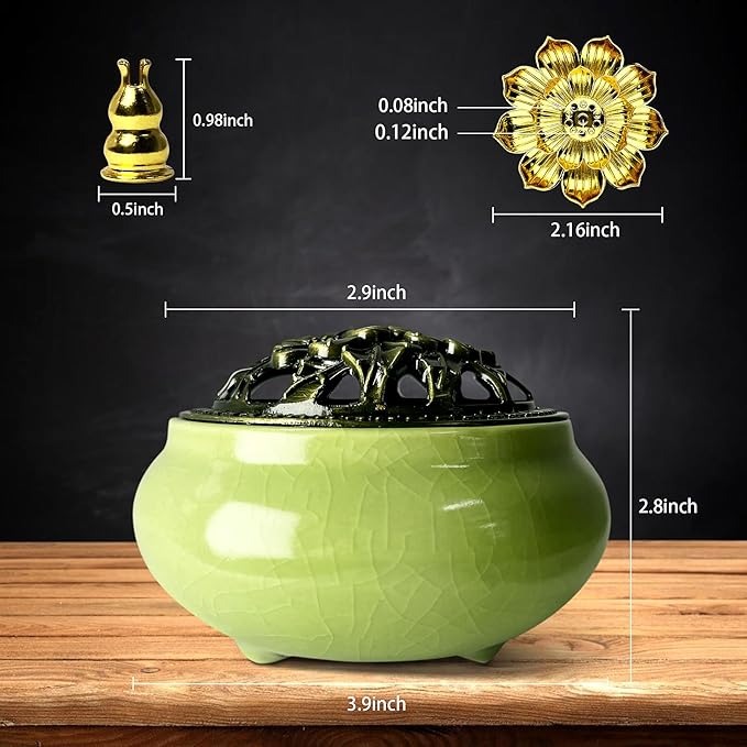 Ceramic Incense Burner, Bowl Burner,Cone Incense Burner with Brass lid for use with Stick or Cone-Shaped Incense，Lotus Incense Stick Holder Calabash Incense Stick Holder, 3pc (Light Green)