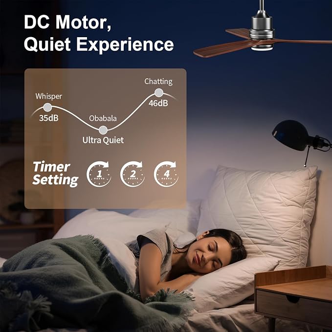 Obabala 52 Inch Ceiling Fans with Lights and Remote Control-Outdoor Ceiling Fan Walnut Wood 3 Blade for Bedroom Living Room Indoor Farmhouse Patio, Reversible Noiseless DC Motor