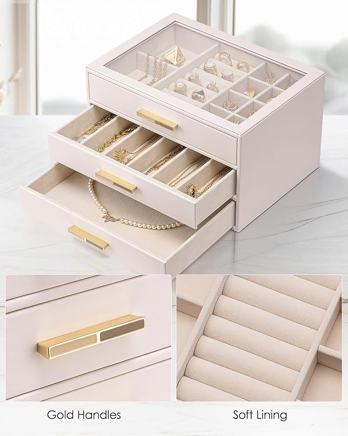 VLANDO Jewelry Box for Women, Glass Lid Jewelry Organizer with 3 Drawers for Necklaces Rings Earrings Bracelets - Light Pink