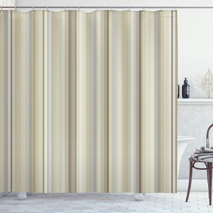 Ambesonne Stripes Shower Curtain, Abstract Ocean Inspired Palette Lines Geometrical Image Illustration, Cloth Fabric Bathroom Decor Set with Hooks, 70" Long, Pale Khaki