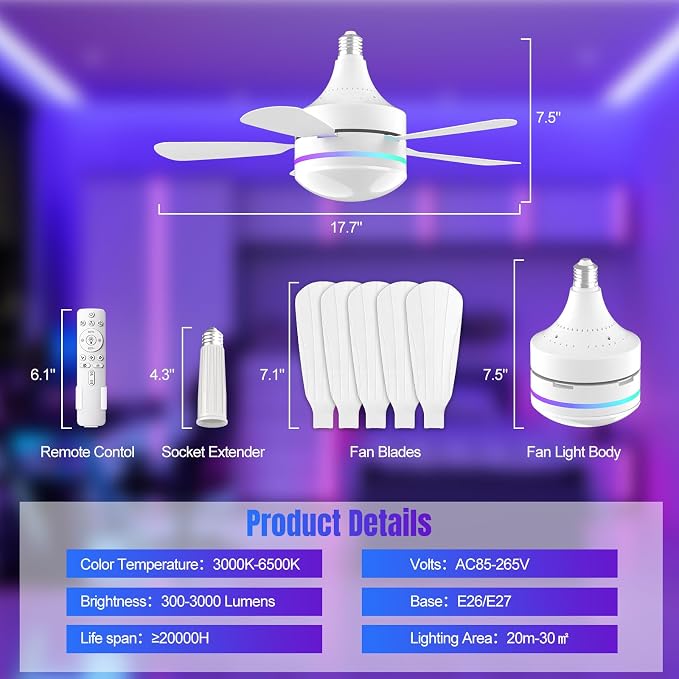 Socket Ceiling Fan with Light, E26 Base 17.5in - 3000LM Ultra Bright, Dimmable 3000K-6500K & RBG, 6 Speeds with Remote, Reversible Motor for Bedroom, Living Room, Kitchen