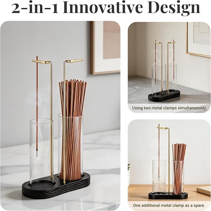 Glass Incense Holder, 2 in 1 Hanging Incense Burner Holder with Ash Catcher & Storage | Cute Boho Decor for Meditation, Yoga, Spa | Stick Incense Holder, Incense Tray Alternative Censer (Black)