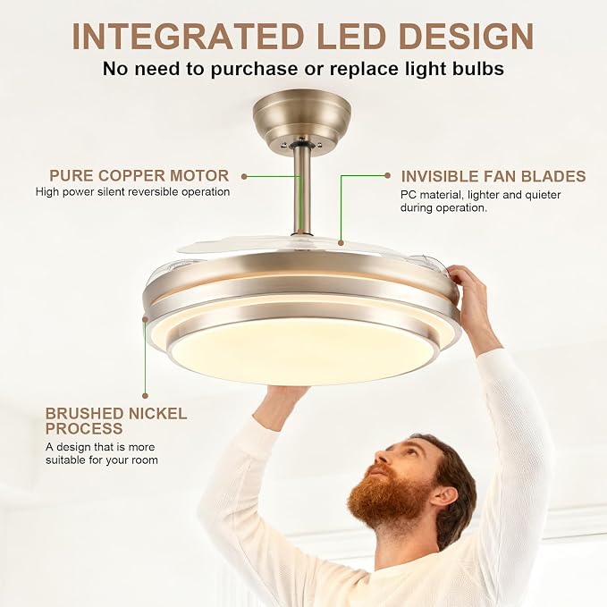 48 Inch Fandelier Ceiling Fan with Light,Modern Retractable Ceiling Fan with Lights and Remote/APP;6Speed,Silent Reversible Motor,Timer,Chandelier Fan for Bedroom/Living Room(Brushed Nickel)