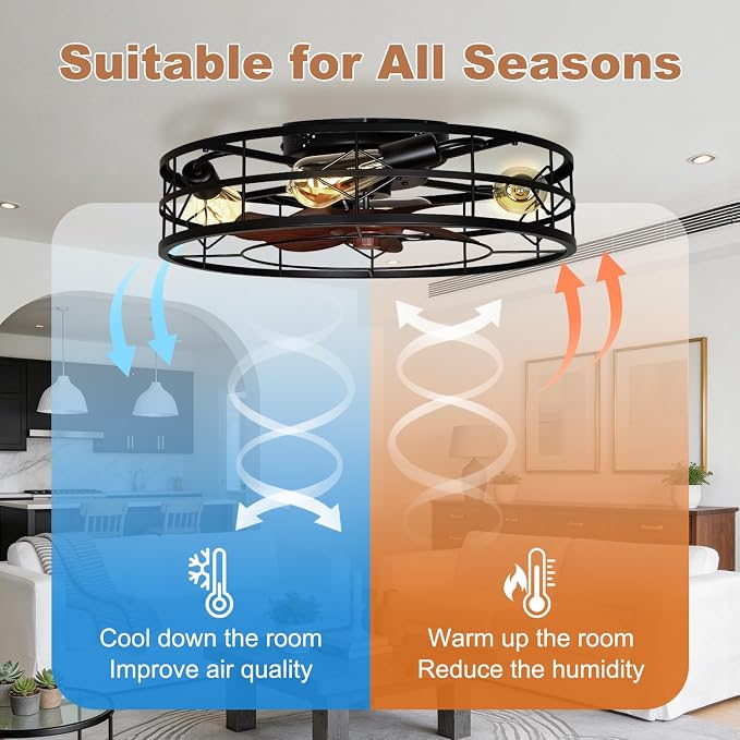 TCL 24 Inch Caged Ceiling Fans with Lights and Remote, Low Profile Flush Mount Fandelier, Rustic Farmhouse Style Ceiling Fans for Bedroom, Kitchen,Outdoor