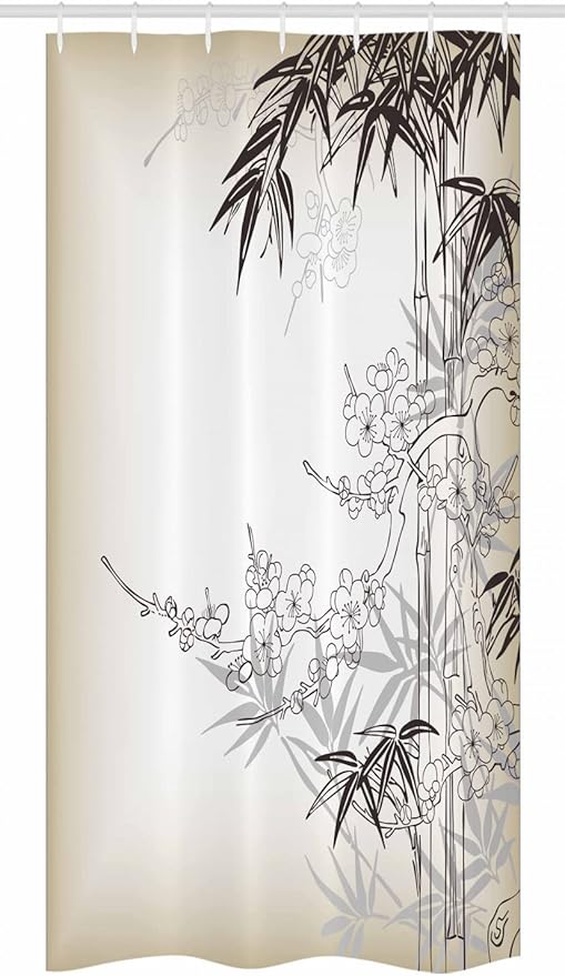 Ambesonne East Stall Shower Curtain, Japanese Art in Traditional Style Blooming Design Sakura Tree Autumn Theme Pattern, Fabric Bathroom Decor Set with Hooks, 36" W x 72" L, White and Tan