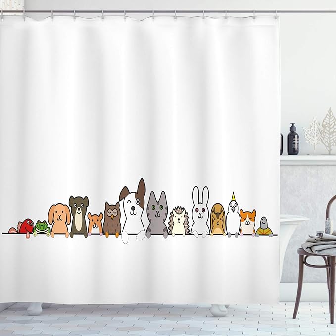 Ambesonne Cartoon Shower Curtain, Domestic Pets Various Animals with Funny Expressions Humorous Cartoon Style, Cloth Fabric Bathroom Decor Set with Hooks, 69" W x 70" L, Grey Salmon