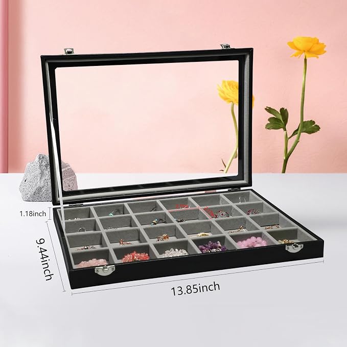 Stratalife 24 Grid Earring Organizer, Jewelry Holder Organizer with Lid | PU Leather Storage Box for Earring, Ring, Studs and Trinkets, Soft Velvet Drawer Organizer for Women, Dustproof, Gray Black