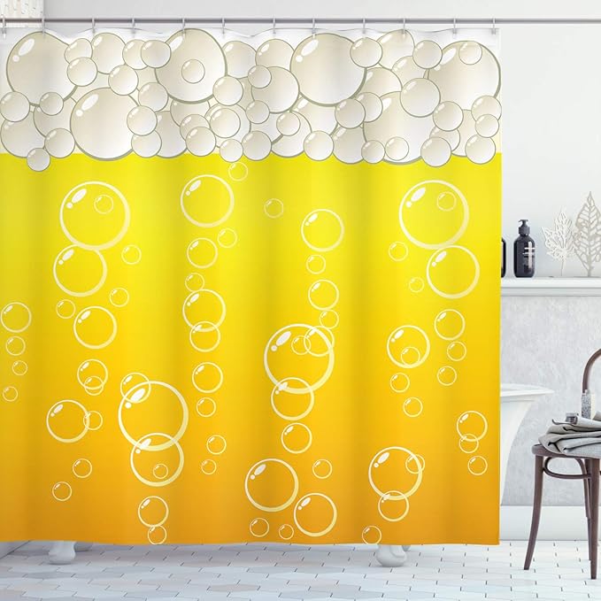 Ambesonne Abstract Shower Curtain, Close up Bubbles and Beer Macro Alcohol Drink Refreshment Graphic Illustration, Cloth Fabric Bathroom Decor Set with Hooks, 69" W x 75" L, Yellow White