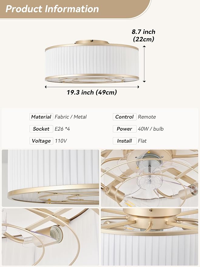 Boho Ceiling Fan with Light Flush Mount, 20" Gold Caged Ceiling Fan with Lights Remote Control, Bladeless Ceiling Fans 6 Speeds for Bedroom, Living Room, Nursery
