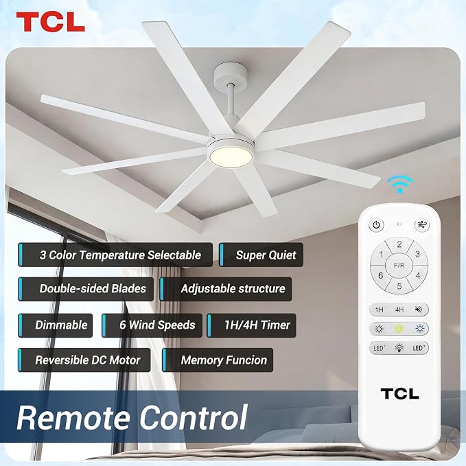 TCL 72 Inch Large Ceiling Fans with Lights and Remote, Quiet Modern Ceiling Fan, 3 CCT Dimmable Remember LED Reversible 8 Dual Side Blades for Living Room Patio Garage (white, 72)