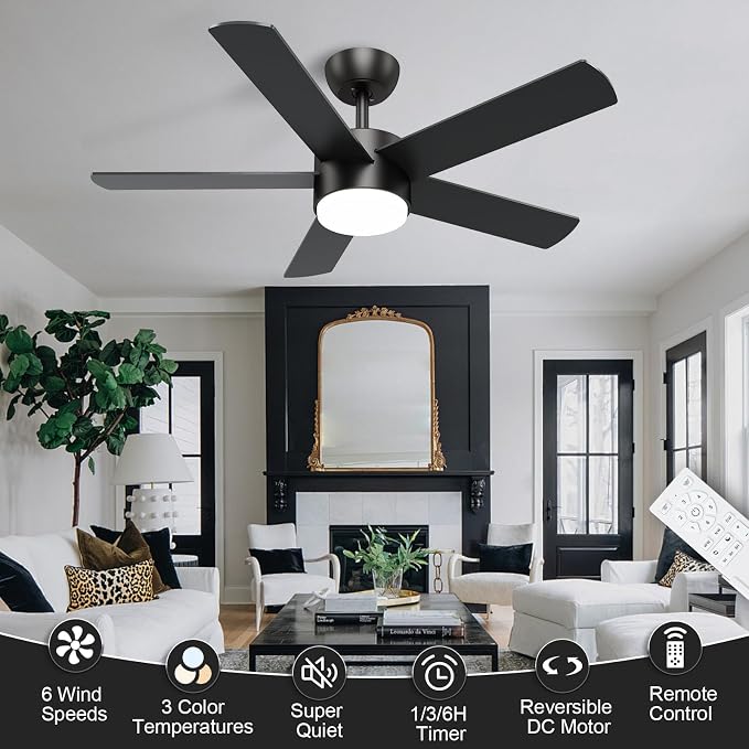 POCHFAN 42 inch Black Ceiling Fans with Lights and Remote Control, LED Ceiling Fan Dimmable 3 CCT 6-Speed, Noiseless Modern Ceiling Fan for Bedroom, Living Room, Dining Room, ETL Listed