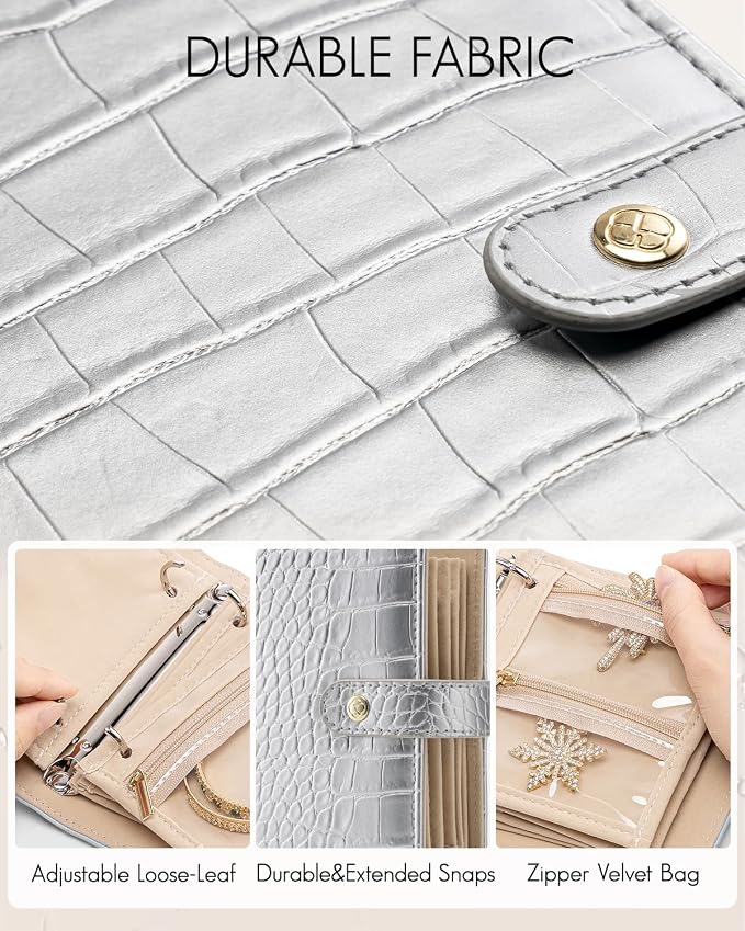 VLANDO Travel Jewelry Organizer Case,Travel Gifts for Women,Portable Jewelry Storage Book Ring Binder with Clear Zipper Velvet Jewelry Pouch Bag-Silver