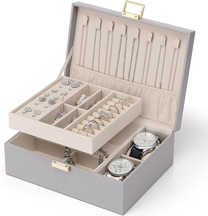 VLANDO 2 Layer Jewelry Box Large Jewelry Organizer for Women Removable Jewelery Tray with Watch Pillow for Necklace Earrings Rings Bracelets Gifts for Couples Mom Friends, Bridesmaid (Grey)