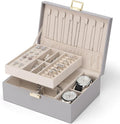 VLANDO 2 Layer Jewelry Box Large Jewelry Organizer for Women Removable Jewelery Tray with Watch Pillow for Necklace Earrings Rings Bracelets Gifts for Couples Mom Friends, Bridesmaid (Grey)