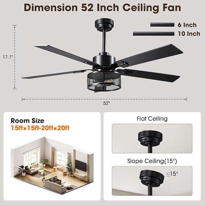 52 Inch Farmhouse Ceiling Fan with Light and Remote, Rustic Caged Ceiling Fans with 6-Speed Reversible Motor, 5 Dual Finish Blades, Outdoor Ceiling Fan for Living Room Bedroom Patio