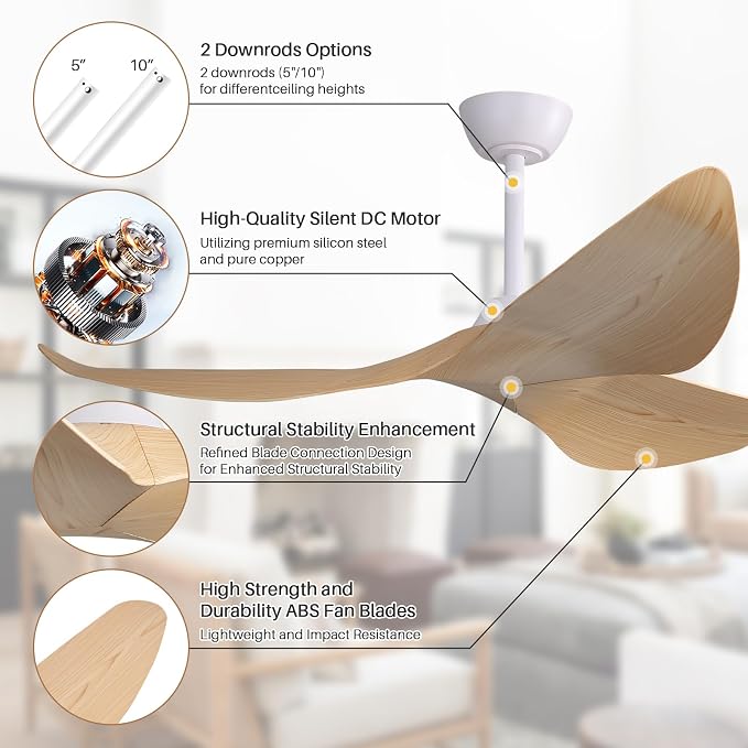 CACI Mall 52 Inch Ceiling Fans No Light, 3 blade ceiling fan without light, Modern, Remote Control, 6 Speeds, Timer, Quiet Reversible DC Motor for Indoor, Living room, Bedroom