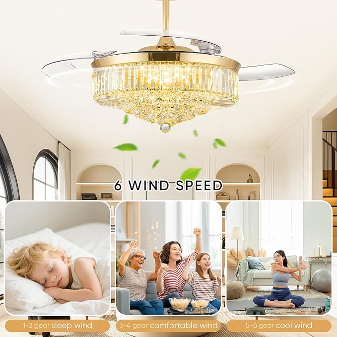 52 Inch Fandelier Ceiling Fan with Light, Chandelier Ceiling Fan for Bedroom Living Room, 3 Color Temperature, 6 Wind Speed. Reversible Motor, Memory Function-Gold