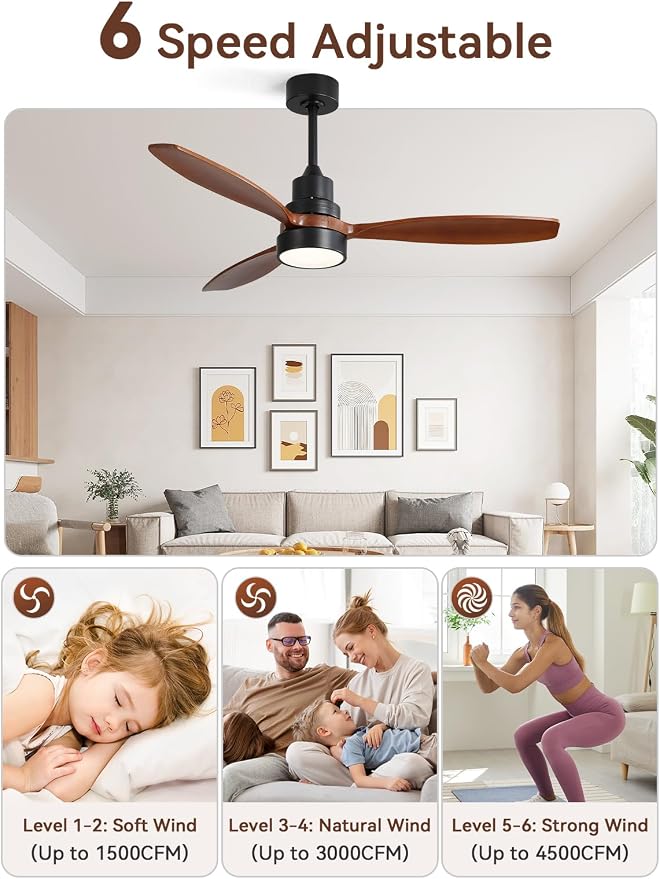 Sofucor Ceiling Fan with Lights and Remote, 52 inch Modern LED Wood Ceiling Fan with Downrods, for Indoor Bedroom Living Room Outdoor Patio Porch, Reversible, Quiet and Powerful