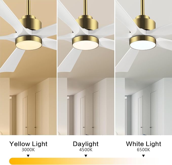 ELEHINSER 60" Modern Ceiling Fan with Lights and Remote Control, 5 Solid Wood Blades 6-Speed Noiseless Reversible DC Motor, Ceiling Fan for Bedroom Dinning Living Room, Gold Finish with White Blade