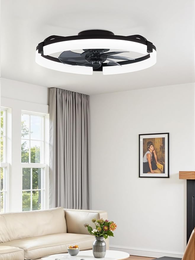 LEDIARY 20" Ceiling Fans with Lights and Remote, Modern Low Profile Ceiling Fan, 3 CCT, Stepless Dimmable, Fandelier Flush Mount Fan Light, 6 Speeds, DC Motor, App & Remote Control for Bedroom(Black)